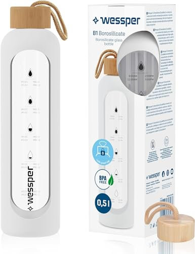 Wessper Bouteille d'eau en Verre, Bouteille Verre 500ml, Borosilicate Gourde Motivation avec Bouchon en Bambou et avec étui en Silicone, Bouteille Sans BPA – Blanc
