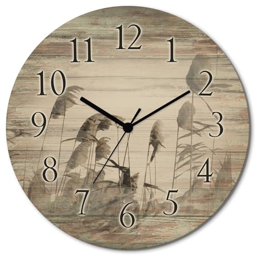ARTLAND Wanddeko Wanduhr ohne Tickgeräusche aus Holz Funkuhr lautlos rund Ø 30 cm Gräser T3MG Blumen Pflanzen