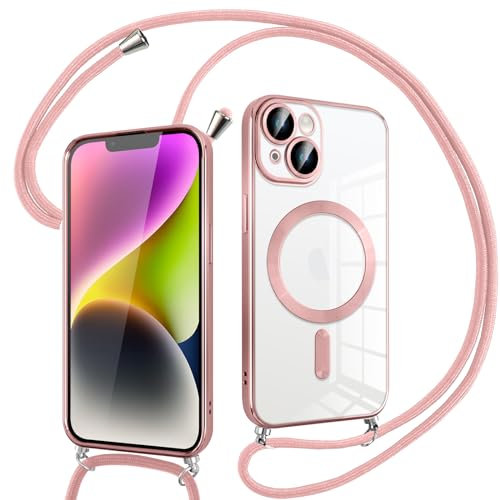 Pnakqil Magnetica Cover con Cordino per iPhone 14, Compatibile con Magsafe Ricarica Wireless, Trasparente Placcatura Disegno Custodia con Collana Laccio Tracolla per iPhone 14, Ultra Sottile (Rosa)