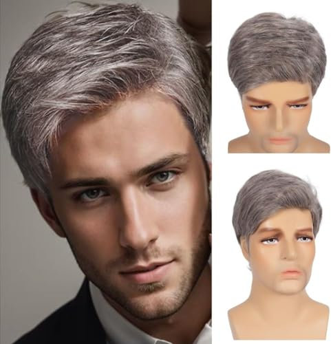 Siudus Herren Grau Kurze Perücke Gerade Seitenteil Synthetische Hitzebeständige Faser Alte Männer Haar Perücke für den Täglichen Gebrauch (Graue Braun)