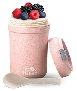 JM Nature Müslibecher To Go mit Deckel & Loffel | Der nachhaltige Müslibecher & Joghurtbecher 2 go - perfekt für unterwegs durch Deckel und Haltegriff aus recyceltem Material