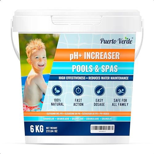 Puerto Verde • pH + Plus pour Piscines 6 Kg. Élévateur de pH+ Adapté aux Spas. Correcteur de pH Plus en Format Granulé. Cuillère de Dosage Incluse. Seau Hermétique. Production Européenne.