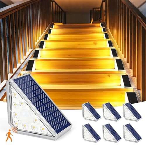 Czemo Solarlampen für Außen Treppenbeleuchtung Solar Treppe Lampe mit Bewegungssensor 1200mAh 3000K Warmweiß IP67 Wasserdicht LED Stufenleuchte Treppenlicht für Garten Stufen Gehweg Weg Patio, 6Pcs