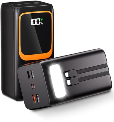 50000 mAh Power Bank con cavo integrato: batteria esterna a ricarica rapida da 22,5 W con grande capacità, caricabatterie portatile con torcia LED e 7 uscite e 3 ingressi-Nero