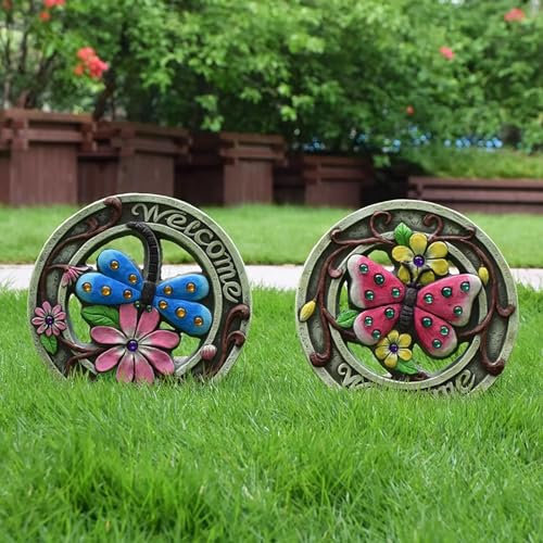 Elitix Trittsteine für Garten 2 Set Stufen-Gartensteine für Mütter/Oma-Geschenke, Runde Trittsteine mit Schmetterlings-Libellen-Muster, Ziersteine für die Terrasse(Color:1-pacs)