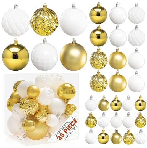 Pelle & Sol 36-Piece Christmas Decorations Bauble Set - Shatterproof Christmas Tree Decorations - Glitter, Disco Ball, Swirl Designs - Christmas Baubles in Assorted Sizes - Gold, White