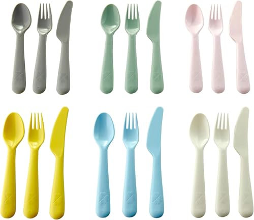 Plastic Cutlery Set 18 Piece Childs,Mixed Pastel Colours, Microwave Safe Unbreakable Lightweight for Kids Dishwasher Safe,