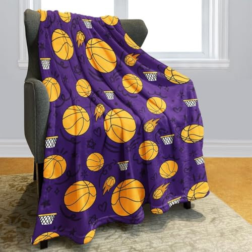 YISUMEI Basketball Kuscheldecke für Kinder,Championsliga Sport Decke Kinder Weich Flauschig Fleecedecke Karikatur Hand Gezeichnet Interessant Los Angeles Lila Geschenke für Junge Mädche