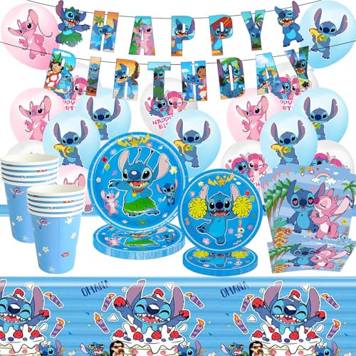 Sti-tch Vaisselle Anniversaire, 70pcs Kit Sti-tch Décoration Anniversaire, Sti-tch Vaisselle de Fête, pour Enfants Fournitures de Fête avec Nappe, Assiette, Serviette, Banner, Ballon