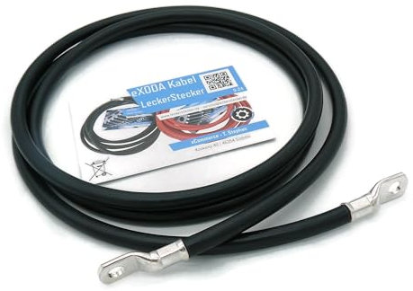 Exoda Batteriekabel 50 mm² 2,5m M10 Kabelschuhe Schwarz geeignet für Auto Boot Motorrad flexibel 99 Prozent Kupfer hitzebeständig bis 70° PVC Mantel vielseitig einsetzbar