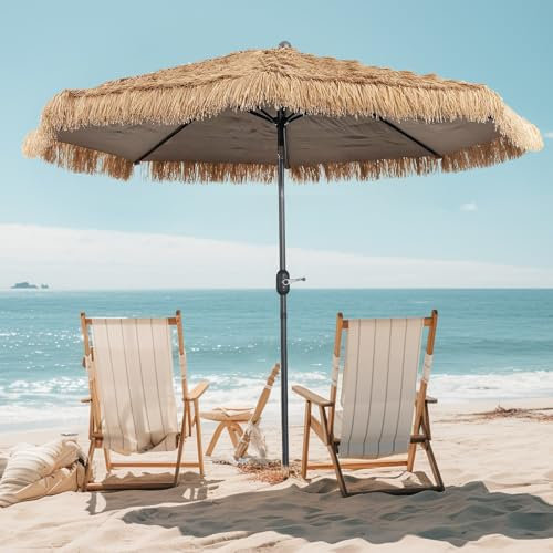 Parasol Plage en Paille, Grand Parasol De Jardin Exterieur Style Hawaïen, U50+ Anti-UV, Parasol en Paille 270cm, Manivelle Facile, sans Pied, Idéal pour Plage, Jardin, Piscine, Patio
