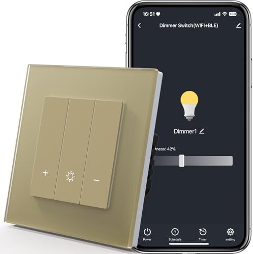 MVAVA Alexa Lichtschalter, Wlan Dimmschalter Kompatibel mit Alexa/Google Home, Glas Lichtschalter Unterputz Funktioniert mit Tuya/Smart Life App, Neutrale Leitung Benötigt 1 Fach 1 Weg Gold