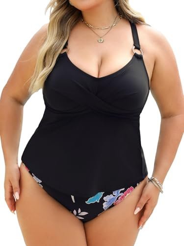 CUPSHE Damen Große Größen Tankini Set V Ausschnitt Wickeloptik Crossover Ringe Mid Waist Bauchweg Zweiteiliger Badeanzug Plus Size Curvy Bademode Swimsuit Schwarz/Blumen 1X=XL