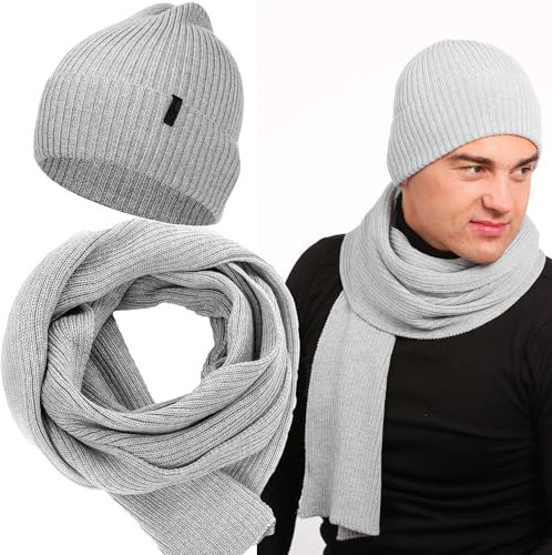 molti Herren Mütze & Schal Set – 100% Merinowolle, Winter Beanie (55–60 cm) & Strickschal (21 x 188 cm), warm & atmungsaktiv | Farbauswahl (Grau)