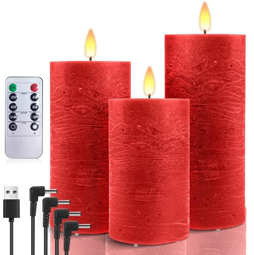 AnnSpa 3 Set Led Kerzen Aufladbar mit 10-Tasten Fernbedienung, Wasserdichte Wiederaufladbare Kerzen Flammenlose Echtes Wachs Flackern Wick Yellow Light Pillar Candles mit Timerfunction - Rot