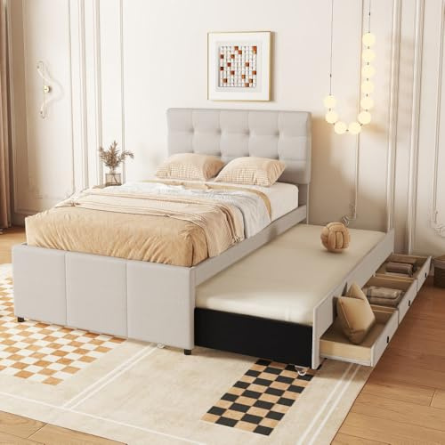 OCACA Polsterbett, Doppelbett, Familienbett, Ehebett mit DREI Schubladen, ausziehbares Bett, Verstellbares Kopfteil (Beige,90cm*200cm)