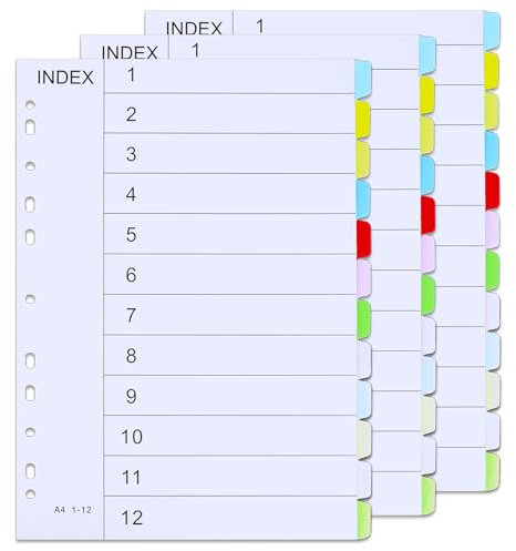 File Dividers A4, 3 Pack 12 Part Folder Dividers Coloured Multi Hole Punched A4 Dividers Tabbed Index Divider for Lever Arch Files Ring Binders Office School Index Dividers