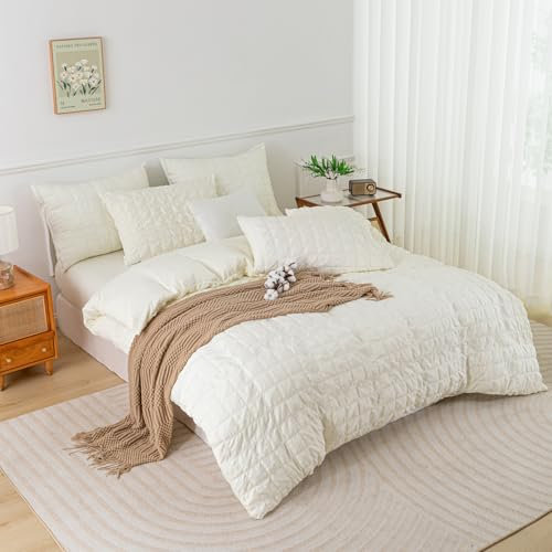 YASMENG Seersucker Bettwäsche 135x200 Beige Kariert Bettwäsche Seersucker Gitter Modern Bettwäsche Mikrofaser Weich Atmungsaktiv Bettbezug Set 2teilig mit Reißverschluss und 80x80 cm Kissenbezug