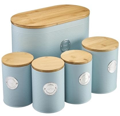 Cooks Professional 5 Piece Ribbed Tea Coffee Sugar Bread & Biscuit Cannisters with Air-Tight Bamboo Lids | Stainless Steel Kitchen Storage Bin Set | Modern & Stylish | Blue & Silver
