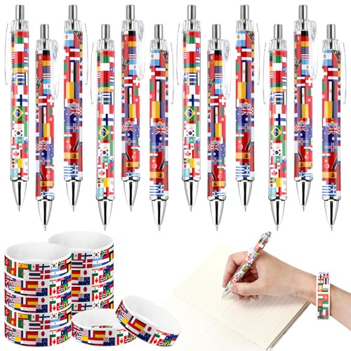 Sayglossy 24 Pcs International Flag Pens and Bracelets Set Back to School