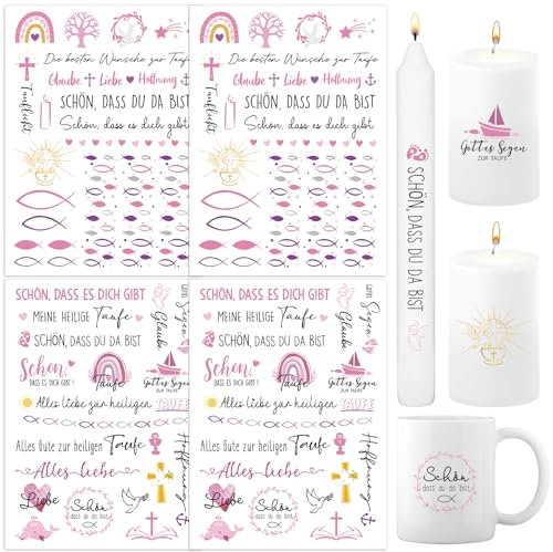 BOOMTOP 4x Kerzen Tattoos Folie Taufe Kerzentattoo Kerzenfolie Rub On Sticker Zur Taufe Kerzen Aufkleber Fisch Taufkerze Kommunion Sprüche Sticker Rosa Kerzensticker für Stabkerze Kerzen Tasse