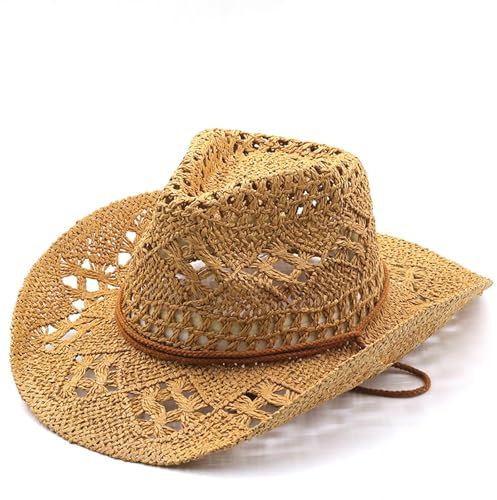 Generisch Chapeau de cowboy occidental pour femme, chapeau de paille malléable, chapeau de soleil évidé, chapeau de soleil filet, kaki, taille unique