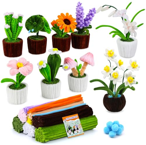 611 Stück Pfeifenreiniger Blumen Set, 10 Farben Pfeifenputzer zum Basteln | Pfeifenputzer Blumen Set mit Video-Tutorial Anleitung, Pompons, Basteldraht, Klebeband DIY Deko(30cm X 6mm)