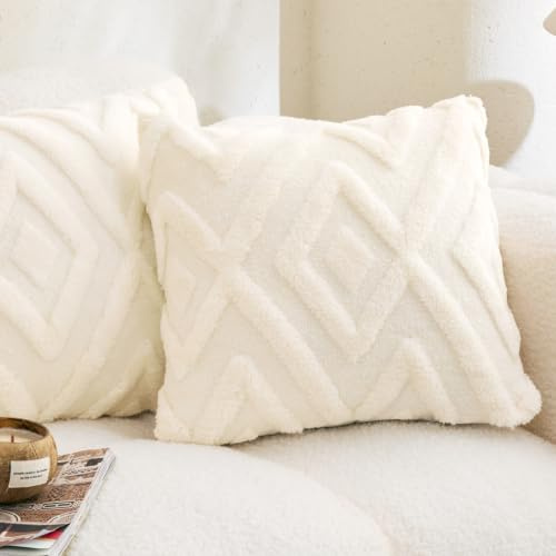 Sonive Kissenbezüge 50x50cm 2er Set Strickjackard-Kissenhülle Weiß | Dekorative Zierkissenbezüge Quadratische Dekokissenbezüge für Wohnzimmer Schlafzimmer Sofa