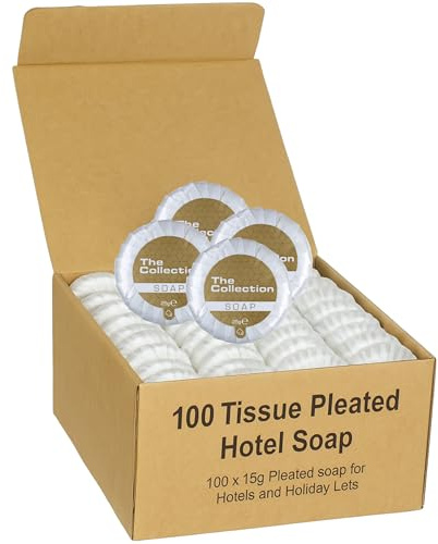 Boîte de 100 savons plissés de 15 g | Mini savons pour hôtels, vacances | Articles de toilette miniatures en vrac | Savon de voyage, essentiels de voyage, articles de toilette d'hôtel, fournitures