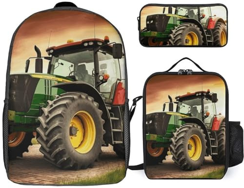BVKWNTSA Teen Tractor Theme Printed Schoolbag with Lunch Box And Pencil Case 3 in 1 Backpack