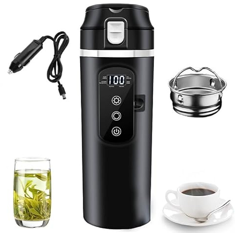Auto Reise Elektrischer Wasserkocher, 500ml DC 12V/24V Reisewasserkocher Auto mit LCD-Anzeige, Bis Zu 100℃ Variable Temperaturregelung, 304 Edelstahlauskleidung, mit Zigarettenanzünder und Filter