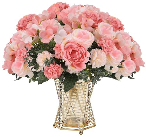 3 Bunches Artificial Roses Peonies Pink Flowers, Fake Faux Flowers Bouquet | Hydrangea Silk Flores Artificiales for Vase Wedding Party Centerpiece Home DIY Decoration Arrangement