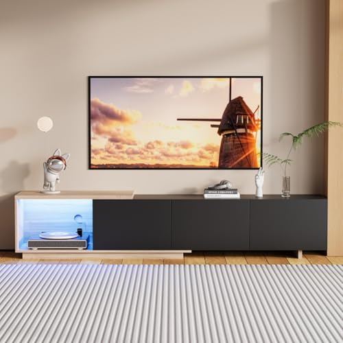 belupai Meuble TV avec Lumières LED à Induction, Armoire de Télévision avec 3 Tiroirs,Banc TV Meubles Télé Extensible 163 à 240cm Longueur, Meuble Télé Bas avec Rangement Ouvert pour Salon, Noir