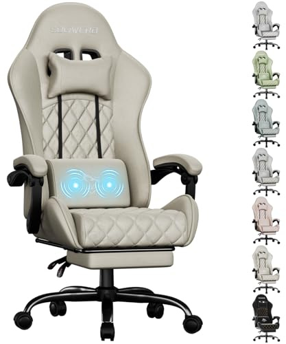 HLONONE Gaming Stuhl Stoff, Massage Gaming Chair, Atmungsaktiver Wildlederimitat Gamer Stuhl, So Weich Wie Pelz, Ergonomischer Bürostuhl mit Fußstütze, Kopfstütze und Lendenkissen, PC Stuhls Beige
