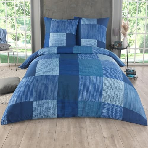 Kuscheli 3-teilige Bettwäsche 200x200 – Mikrofaser Oeko-TEX, 1 Bettbezug 200x200 & 2 Kissenbezüge 80x80, Reißverschluss, weich & bügelfrei – Blau Karo