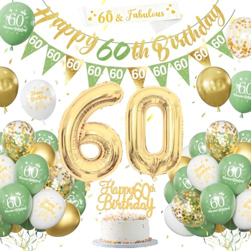 60 Geburtstag Deko Salbeigrüne, Deko 60. Geburtstag Frau Mann | Grün Weiß Gold Luftballons, Party Ballons mit Happy Birthday Flaggen, Tortendeko für 60. Dekoration