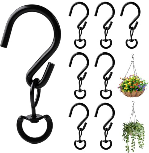 JaneYi 8 Pack Black 360°Swivel S Hook with Closed D Ring | Heavy Duty Hanging Plant Basket Hooks Easy Turn Flower Pot Metal Rotating Hanging Buckle Hook