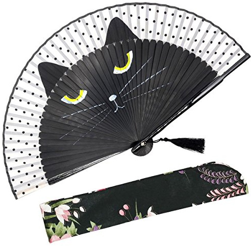 OMyTea Sexy Cat Folding Hand Held Fan for Women - Chinese/Japanese Vintage Retro Style for Wedding, Dancing, Church, Party, Gifts - With a Fabric Sleeve for Protection (Black Cat)