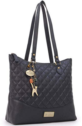 Catwalk Collection Handbags - Damen Schultertasche Mittelgroß/Groß - Handtasche Tote Bag - Gesteppte Leder - Sofia - Schwarz