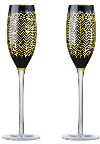 ARTLAND - Midnight Peacock Champagne Flutes - Gold & Black - Set of 2-200ml Capacity Per Glass - Perfect Idea for an Engagement Gift or Wedding Present