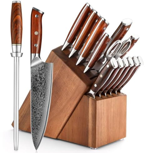 XINZUO Damaststahl 15 Teiliges Messerblock Sets mit Wetzstahl und Küchenschere,scharfes geschmiedet Kochmesser Set-Chefmesser Santoku Tranchier Ausbein Universal Obstmesser und Steakmesser Set 6er