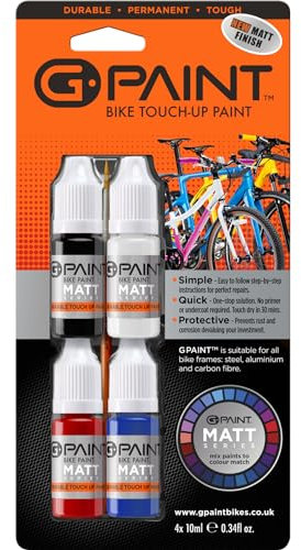 G-Paint Matt Finish Bike Touch-Up Paint 4-Pack - Bike Scratch Repair, Chip Filler -Black, White, Red, Blue (4 x 10ml)