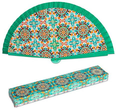 Ventaglio Pieghevole in Tessuto di Cotone Stampato e Legno. Collezione (Tiles)