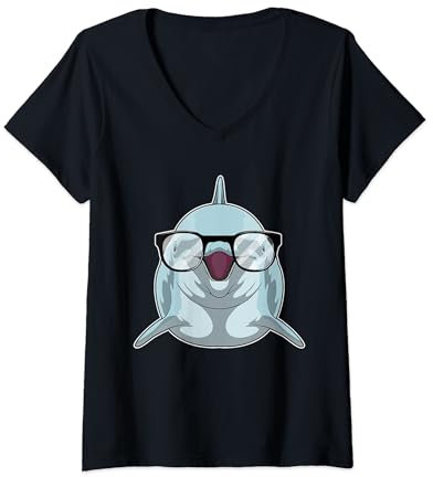 Damen Delfin Nerd Brille T-Shirt mit V-Ausschnitt
