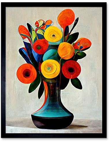 Wee Blue Coo Midcentury Style Bright Floral Bouquet Flowers Painting Orange Yellow Red Turquoise Art Print Framed Poster Wall Decor 12x16 inch