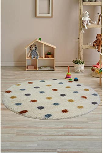 Modern Style Rugs Cosy Shaggy Cream Rug with Multicolour Spots Design, High Pile Rugs for Living Room, Bedside, 100cm (3ft 2 inch)