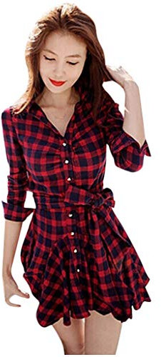 Damen Kleider Knielang Fashion Casual Damen V-Ausschnitt Langarm Minikleid Schärpen Plaid Slim Dress (Red, S)