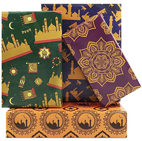 Happy Eid Mubarak Geschenkpapier, 8 Blatt 4 Stile Eid Mubarak Stern Mond gemustertes Geschenkpapier, 50 x 70 cm pro Blatt, für Kinder, Islam, Ramadan, Urlaubsparty, Feiern