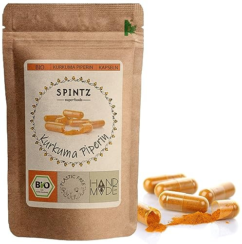 SPINTZ® 210 Stk. Bio Kurkuma Piperin Kapseln | plastikfrei verpackt | 650mg Bio Curcuma mit Piperin je Kapsel | vegane Kurkuma Kapseln mit Pfeffer hochdosiert | Laborgeprüft
