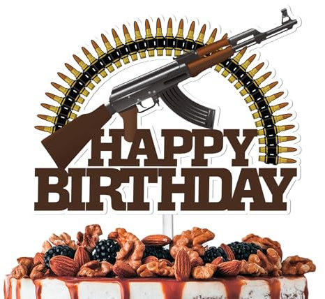 Brown Glitter Heavy Gun Happy Birthday Cake Topper Cheer to Gun Theme Decor Supplies Men Boys Birthday Party Decorations